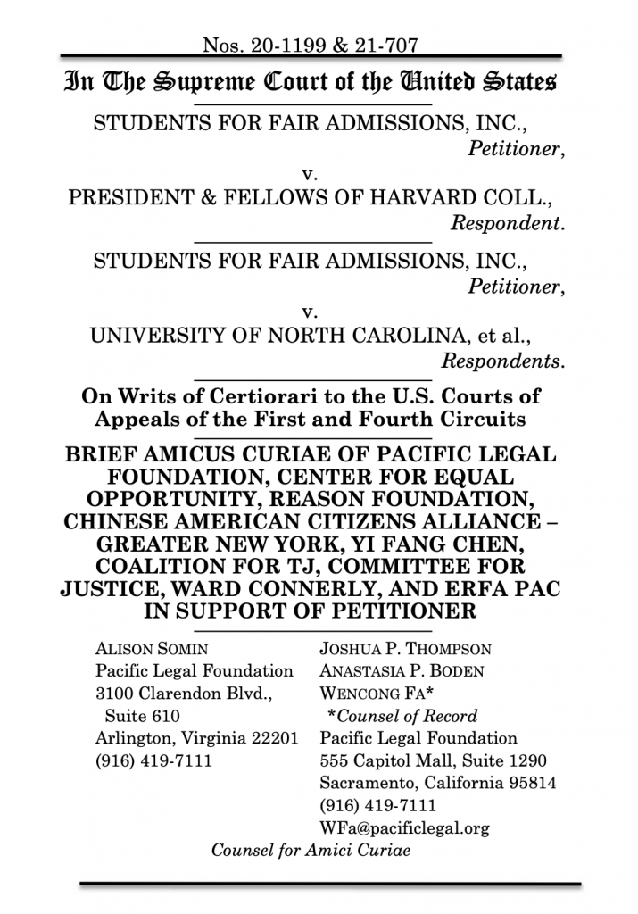 Brief Amicus Curiae in support of Petitioner Students for Fair Admissions