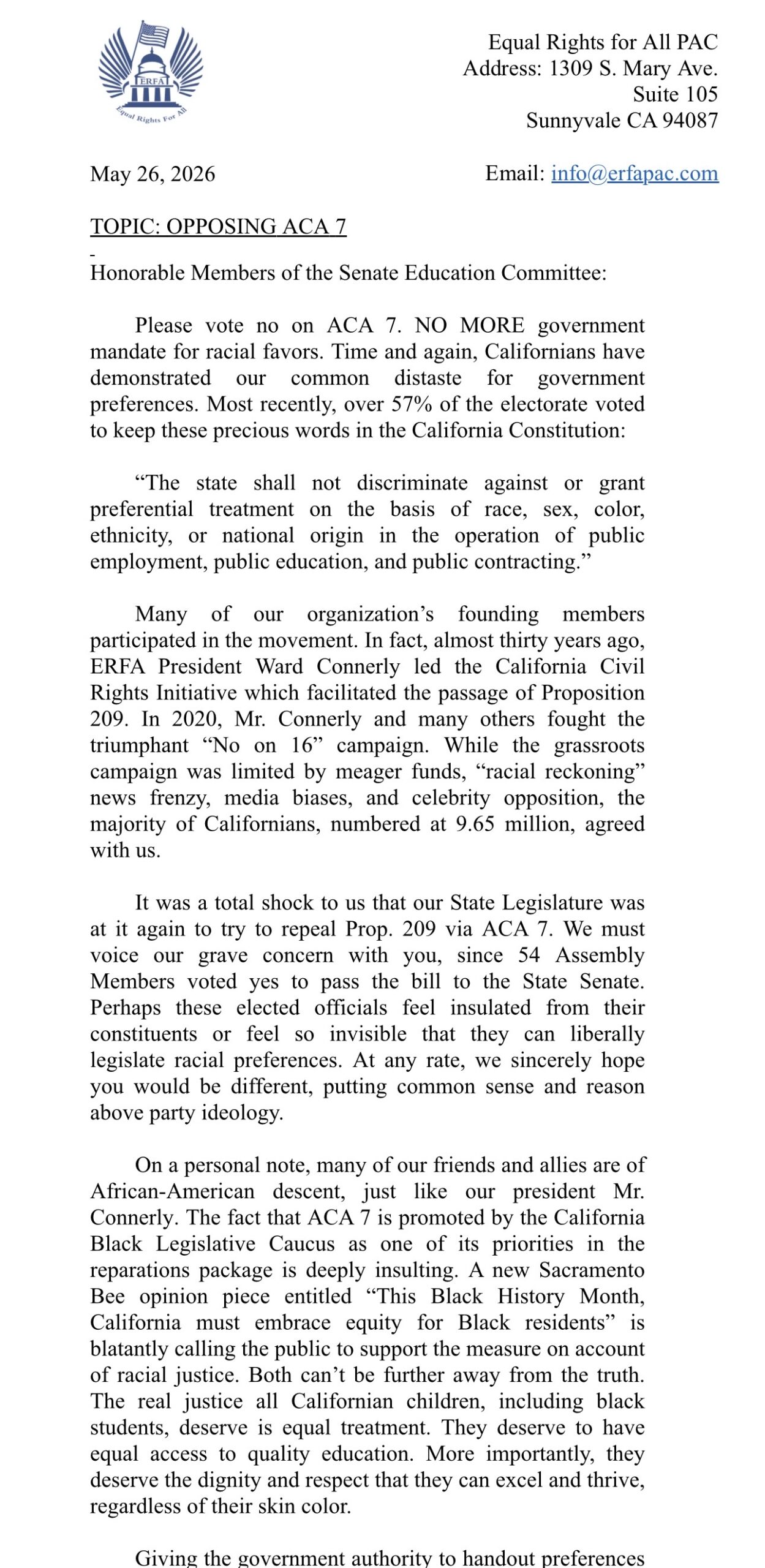 Scanned ERFA PAC letter urging the California Senate Education Committee to oppose ACA 7