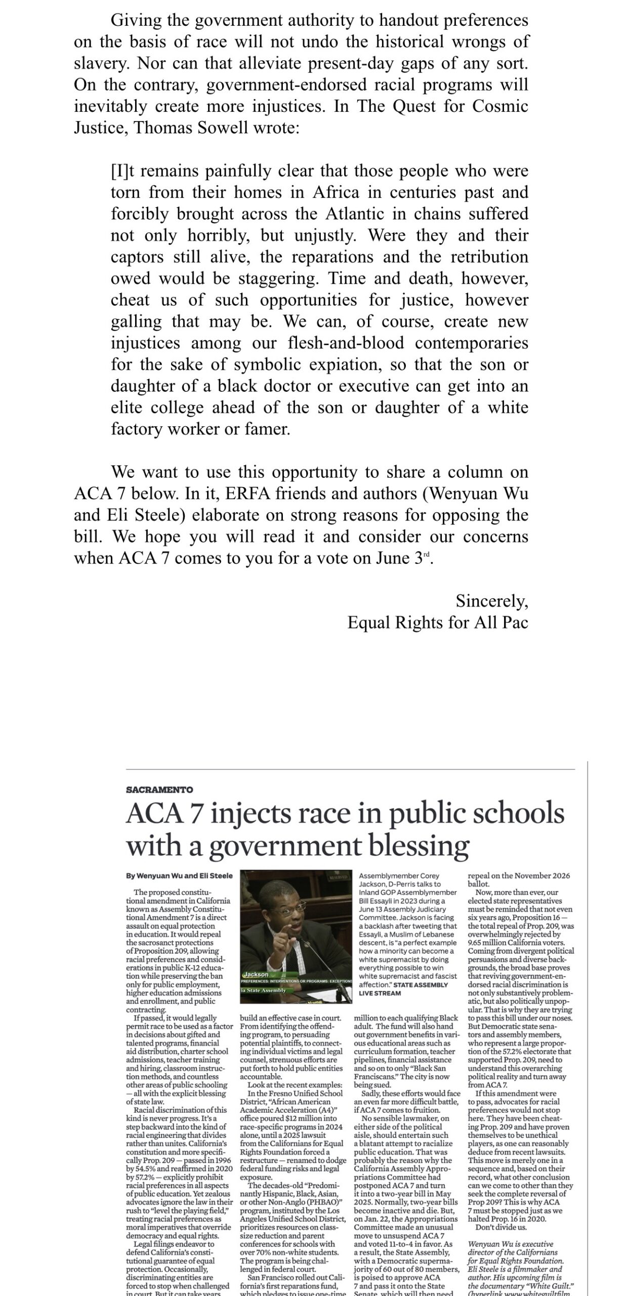 Second page of the ERFA PAC letter opposing ACA 7 and defending Prop. 209